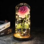 rose artificielle sous dome avec lumieres elegantes brown base pink artificial flowers 598 1