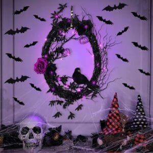 Couronne Halloween Décorative Pour Une Ambiance Festive - Corbeau Et 48 Chauves Souris