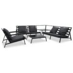Salon de jardin alu 5 places – Gris foncé, coussins épais, 2 tables