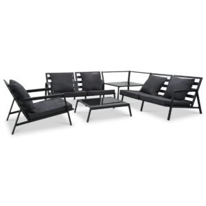 Salon de jardin alu 5 places – Gris foncé, coussins épais, 2 tables