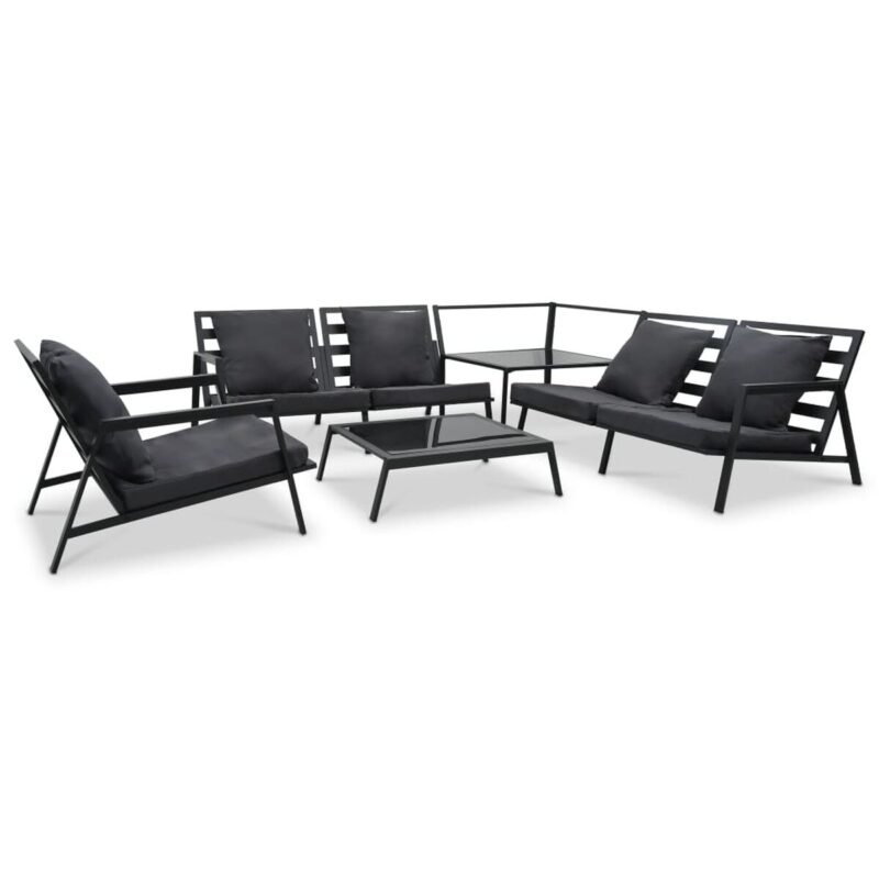 Salon de jardin alu 5 places – Gris foncé, coussins épais, 2 tables