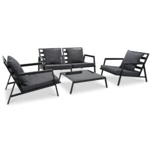 Salon de jardin alu gris – 4 places, coussins épais, table basse en verre