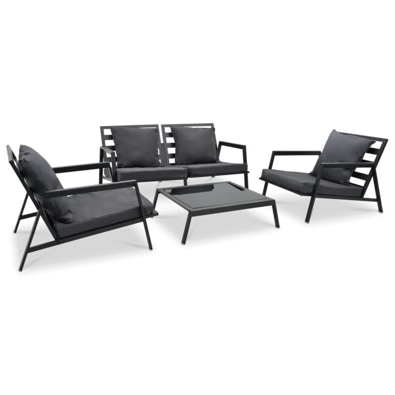 Salon de jardin alu gris – 4 places, coussins épais, table basse en verre